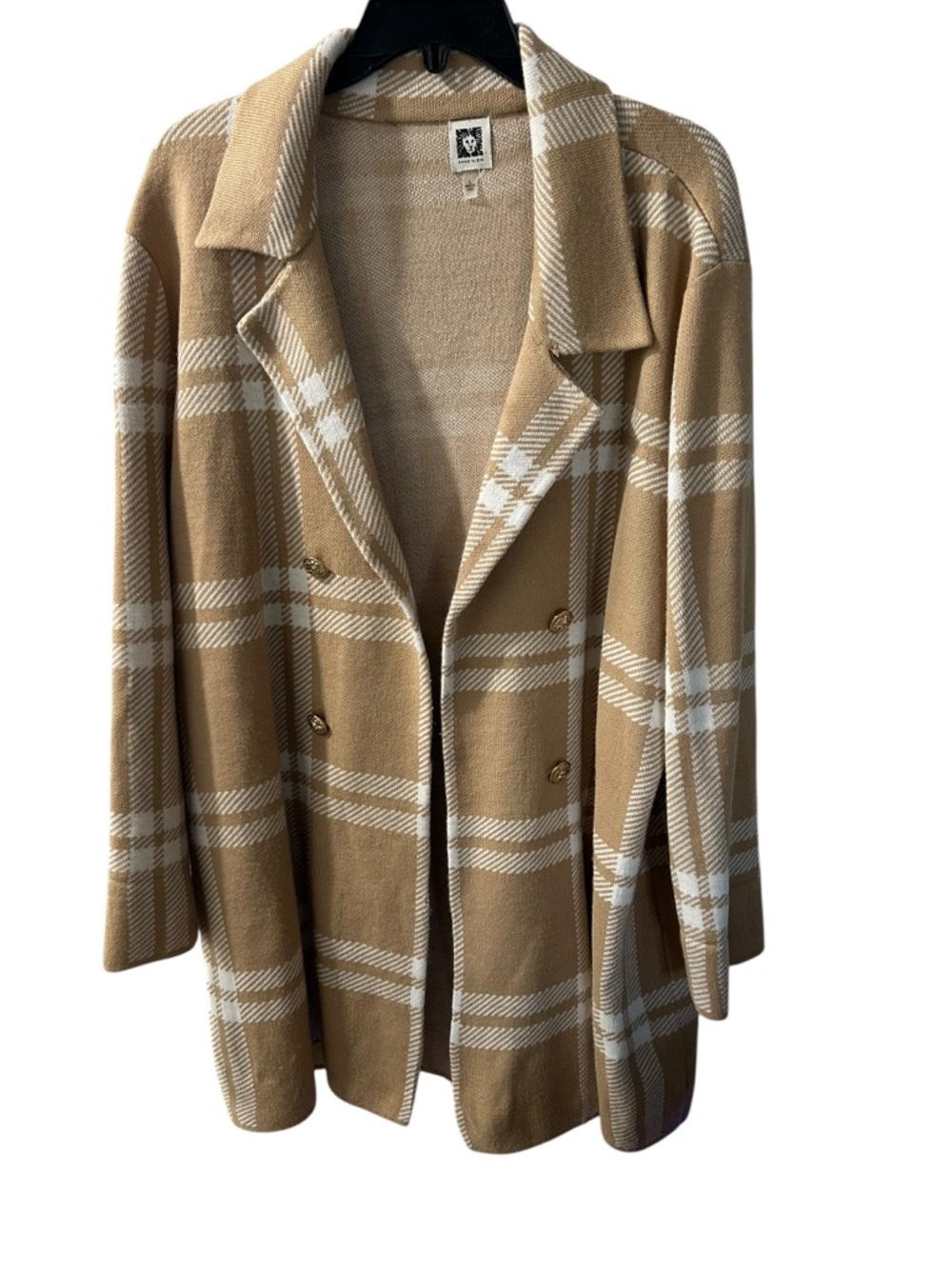 Anne Klein Camel & White Plaid Cardigan Coat